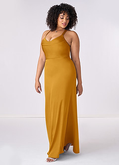 Barbie ♥ Azazie Bridesmaid Dresses Butterscotch Mermaid Pleated Stretch Satin Dress image9