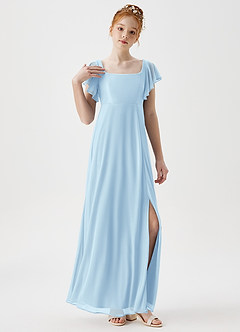 Azazie Bondi Junior Sky Blue A-Line Side Slit Mesh Dress image5