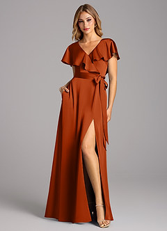 Azazie Lainey Bridesmaid Dresses Burnt Orange A-Line with Pockets Stretch Satin Dress image3