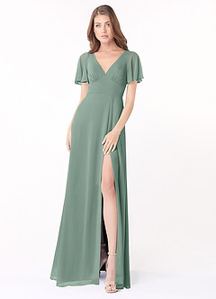 Azazie Kimber Brautjungfernkleider A-Linie Volantärmel Chiffon Kleid Silberner Salbei image2