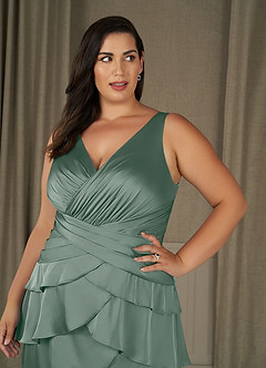 Azazie Viola Mother of the Bride Dresses Silver Sage A-Line Pleated Stretch Satin Dress image9