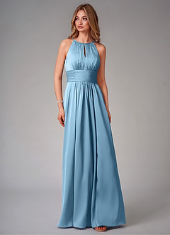 Azazie Bonnie Bridesmaid Dresses Steel Blue A-Line Pleated Stretch Satin Dress image6