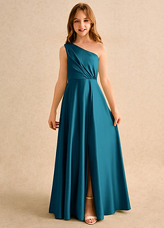 Azazie Puddles Girls Formal Abiti da Ragazza di Fiori Abito A-Line in Raso Opaco Monospalla Blu Inchiostro image4