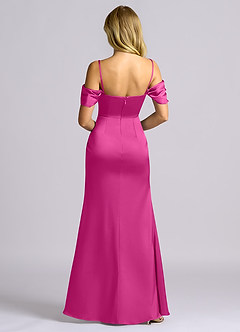 Azazie Auden Vestidos de madrinha de casamento Vestido Fúcsia de Cetim elástico de Bainha com Fora do ombro image2
