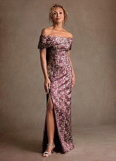 Azazie Zion Mother of the Bride Dresses Cabernet Sheath Off the Shoulder Floral Jacquard Dress image1