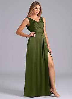 Azazie Karina Bridesmaid Dresses Bright Olive A-Line Pleated Stretch Satin Dress image5