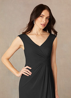 Azazie Sally At-home Try On Dresses Black A-Line V-Neck Pleated Chiffon Dress image3