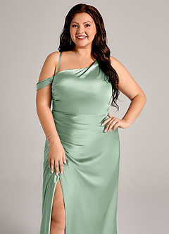 Azazie Madelyn Jurken voor bruidsmeisjes Converteerbaar Jurk van Stretch Satijn met Zeemeermin One-Shoulder Agave image11