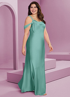 Barbie ♥ Azazie Bridesmaid Dresses Aqua Sheath Pleated Stretch Satin Dress image3