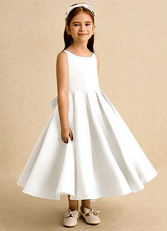 Azazie Babs Blumenmädchenkleider Ballkleid Plissee Matte Satin Kleid Elfenbein image3