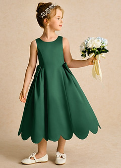 Azazie Macaroon Flower Girl Dresses Dark Green Ball-Gown Bow Matte Satin Dress image2
