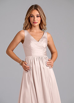 Azazie Keyla Bridesmaid Dresses Blushing Pink A-Line Pleated Stretch Satin Dress image3
