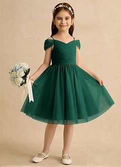 Azazie Lila Girls Formal Robe Demoiselle D'honneur Fillette Robe Trapèze en Tulle Épaule décolletée émeraude image4