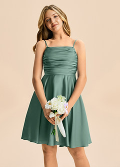 Azazie Miko Junior Eucalyptus A-Line Pleated Stretch Satin Dress image6