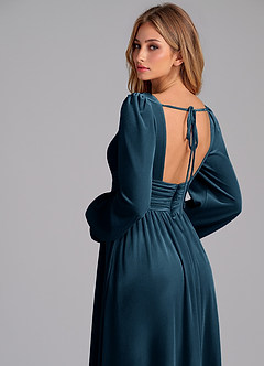 Azazie Norah Bridesmaid Dresses Blue Topaz A-Line Long Sleeve Velvet Dress image7