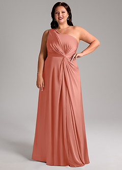 Azazie Brooke Robes de demoiselle d'honneur Robe Trapèze en Satin extensible Une épaule Rose Saumon image13
