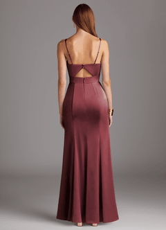 Azazie Shania Bridesmaid Dresses Merlot Sheath V-Neck Pleated Stretch Satin Dress image2