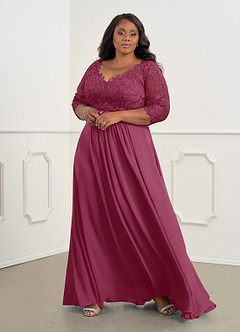 Azazie Hayek Mother of the Bride Dresses Mulberry A-Line V-Neck Lace Chiffon Dress image6