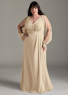 Azazie Matilda Bridesmaid Dresses Champagne A-Line Long Sleeve Chiffon Dress image9
