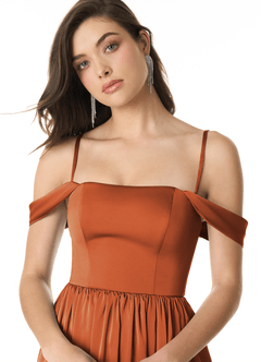 Azazie Morana Bridesmaid Dresses Cinnamon A-Line Off the Shoulder Stretch Satin Convertible Dress image6
