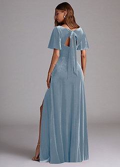 Azazie Kimber Bridesmaid Dresses Dusty Blue A-Line with Pockets Velvet Dress image5