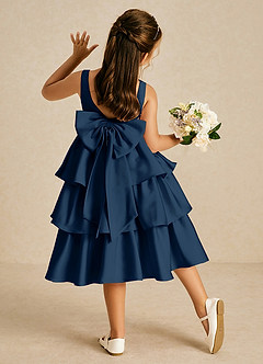 Azazie Margery Flower Girl Dresses Dark Navy A-Line Bow Stretch Satin Dress image1