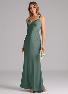 Azazie Suttona Bridesmaid Dresses Sea Moss A-Line Pleated Stretch Satin Dress image4