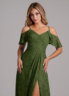 Azazie Dakota 신부 들러리 드레스 A라인 오프 더 숄더 플로럴 번아웃 바닥 길이 드레스 image3