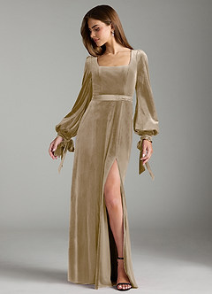 Azazie Leonia Bridesmaid Dresses Golden Tan A-Line Long Sleeve Velvet Dress image3