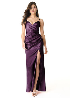 Azazie Sukia Bridesmaid Dresses Plum Mermaid Pleated Metallic Satin Dress image1