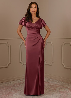 Azazie Roya vestidos de madre de la novia Vestido de Merlot de Satén Elástico de Sirena con Cuello en V Plisado image2