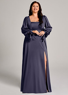 Azazie Leonia Abiti da Damigella Abito A-Line in Raso Elasticizzato Manica Lunga Stormy image12