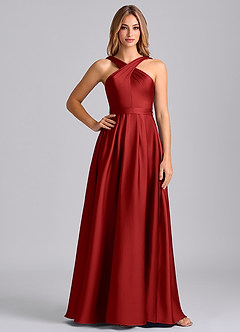 Azazie Dixie Bridesmaid Dresses Pomegranate A-Line Pleated Stretch Satin Dress image3