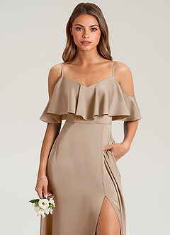 Azazie Jean Jurken voor bruidsmeisjes Jurk van Stretch Satijn met A-Lijn Off the Shoulder Taupe image6
