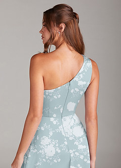 Azazie Brooke Vestidos de damas de honor Vestido de Floral Azul Polvo de Satén Elástico de Corte en A con Hombro unilateral image2