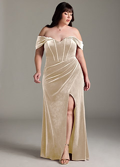 Azazie Jas Bridesmaid Dresses Champagne Sheath Off-The-Shoulder Corset Velvet Convertible Dress image11