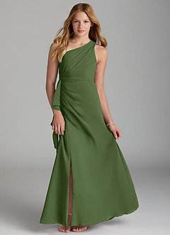 Azazie Maive Junior Olive A-Line Pleated Chiffon Dress image1