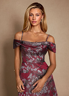 Azazie Maricela Mère de la mariée Robes Robe Trapèze en Jacquard Épaule décolletée Merlot Floral image6