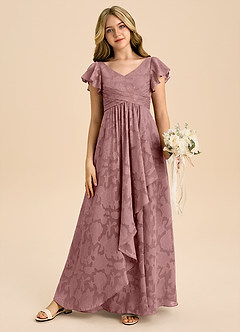 Azazie Omari Junior Vestido de Rosa Polvorienta de Devorado Floral de Corte en A con Plisado image4