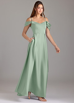 Azazie Marley Bridesmaid Dresses Agave A-Line Off the Shoulder Stretch Satin Convertible Dress image4