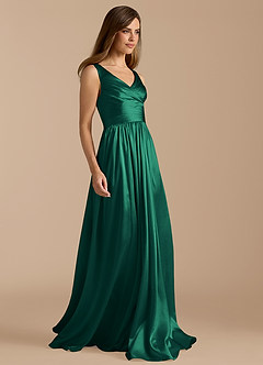 Azazie Keyla Bridesmaid Dresses Emerald A-Line Pleated Metallic Satin Dress image7