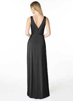 Azazie Nelly Bridesmaid Dresses Black A-Line V-Neck Pleated Stretch Satin Dress image2