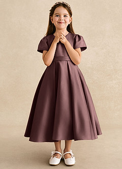 Azazie Princess Flower Girl Dresses Espresso A-Line Pleated Matte Satin Dress image4