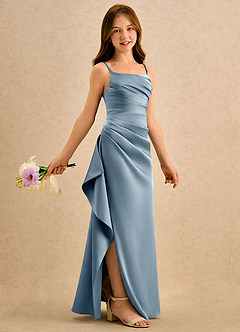 Azazie Cannoli Girls Formal Flower Girl Dresses Dusty Blue A-Line Pleated Stretch Satin Dress image1