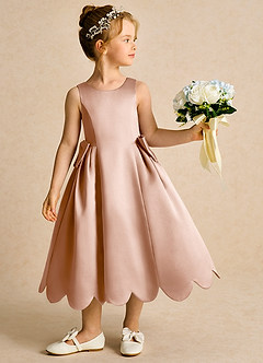 Azazie Macaroon Flower Girl Dresses Champagne Rose Ball-Gown Bow Matte Satin Dress image2