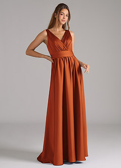 Azazie Kora Bridesmaid Dresses Cinnamon A-Line Pleated Stretch Satin Dress image3