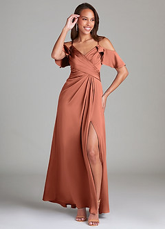 Azazie Dakota Jurken voor bruidsmeisjes Jurk van Stretch Satijn met A-Lijn Off the Shoulder Klei image4