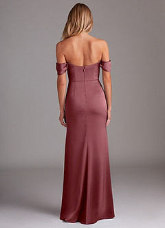 Azazie Saige Bridesmaid Dresses Desert Rose Sheath Off the Shoulder Stretch Satin Dress image10