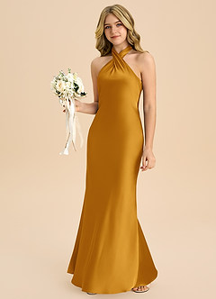 Azazie Chickie Junior Etui Plissee Stretch-Satin Kleid Butterscotch image4