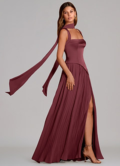 Azazie Stephanie Bridesmaid Dresses Merlot A-Line Pleated Stretch Satin Dress image3